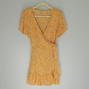 Floral Ruffle Hem Wrap Dress Front Waist Tie Knot Deep V Neck in Yellow